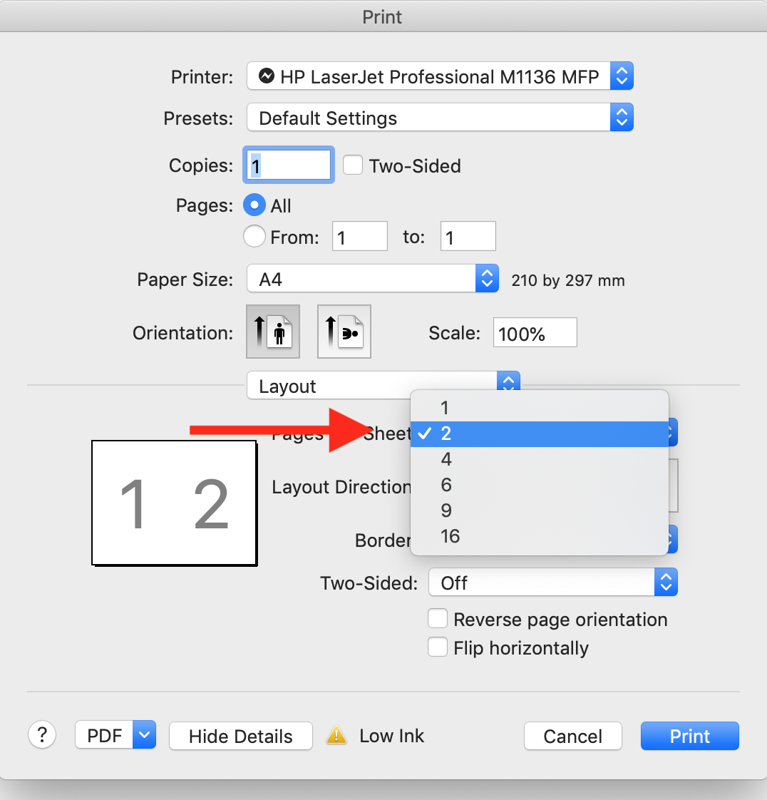 Choosing 2 page per sheet layout