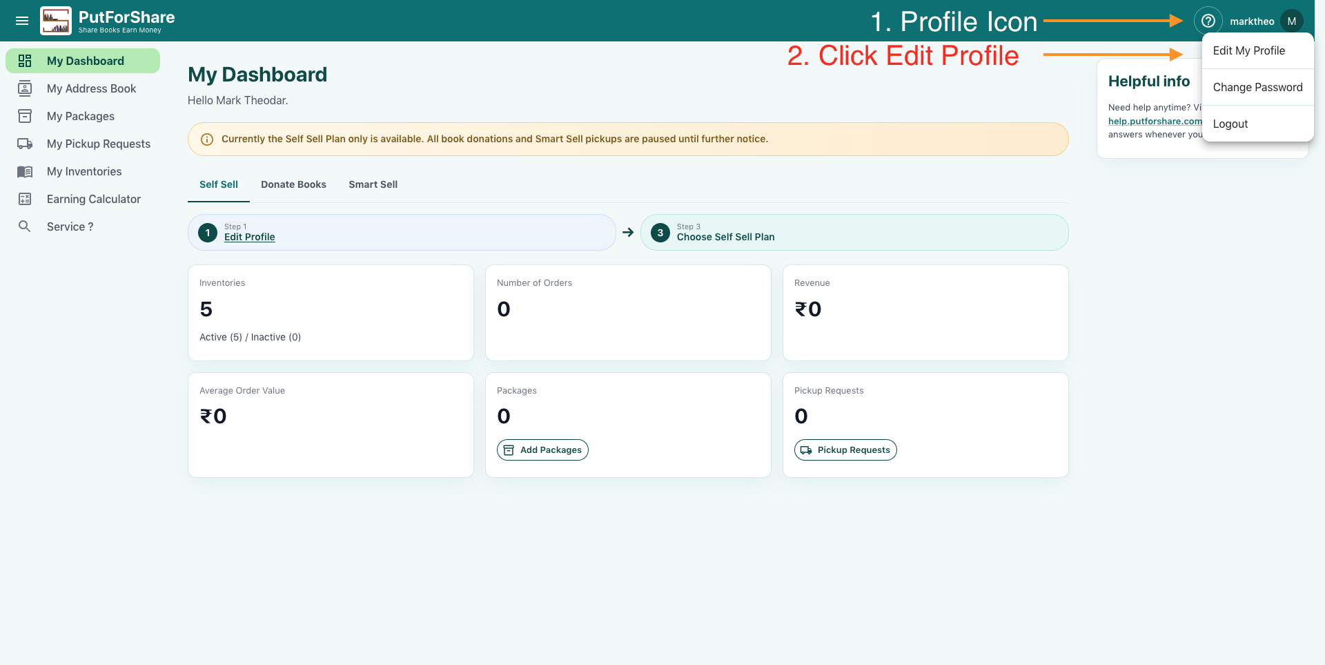 Open the Profile Menu and choose Edit Profile to find your personal store link