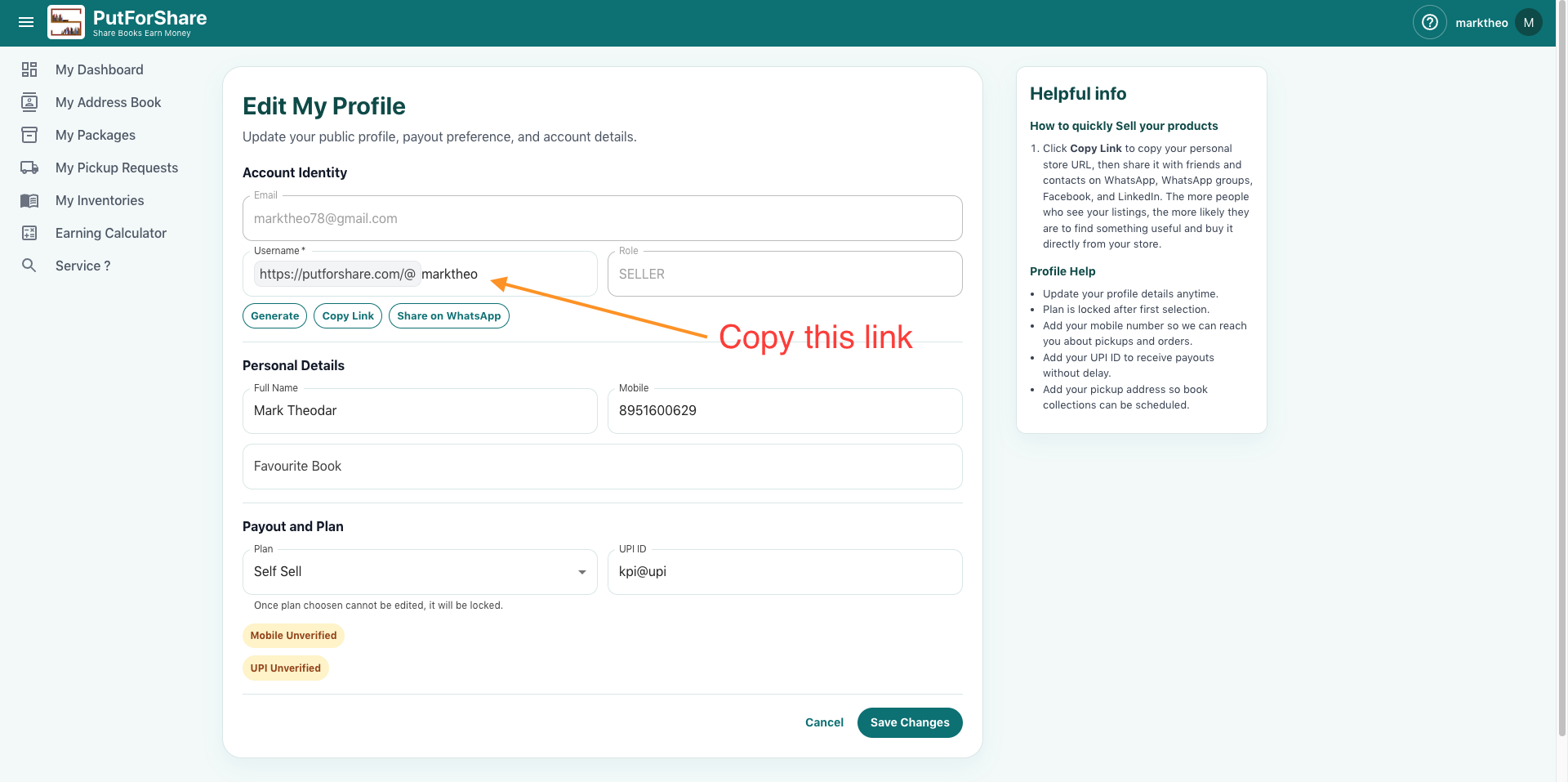 Copy your personal PutForShare store link and share it on WhatsApp, Facebook, and LinkedIn to sell faster